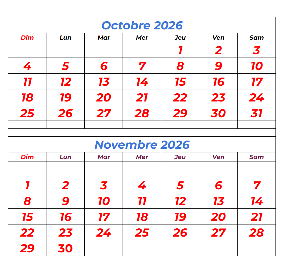 Calendrier Mois Octobre Novembre 2026 A Imprimer The Calendrier