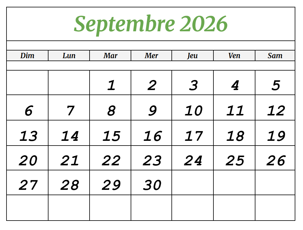 Calendrier Septembre 2026 PDF