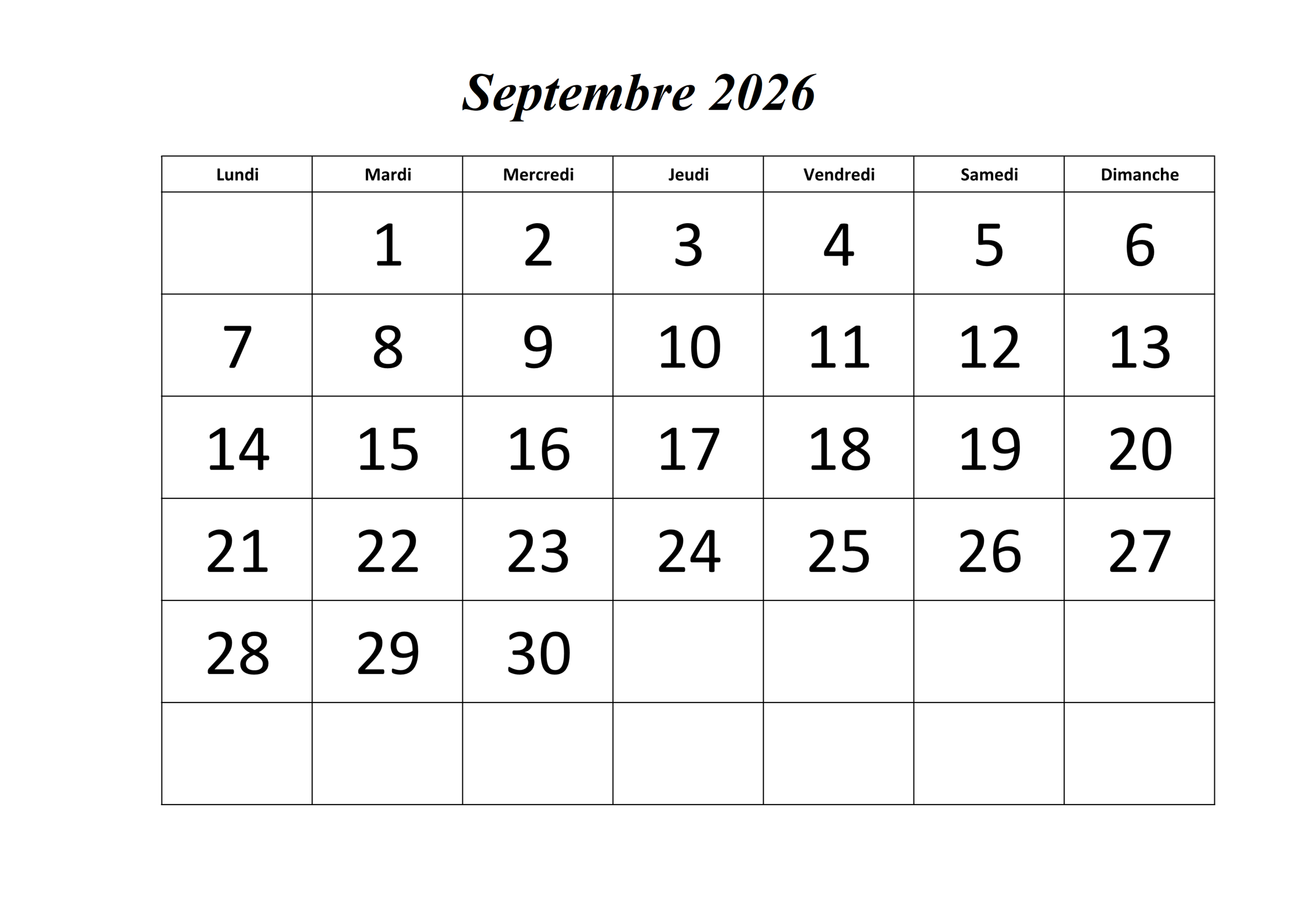 Calendrier Septembre 2026 à Imprimable