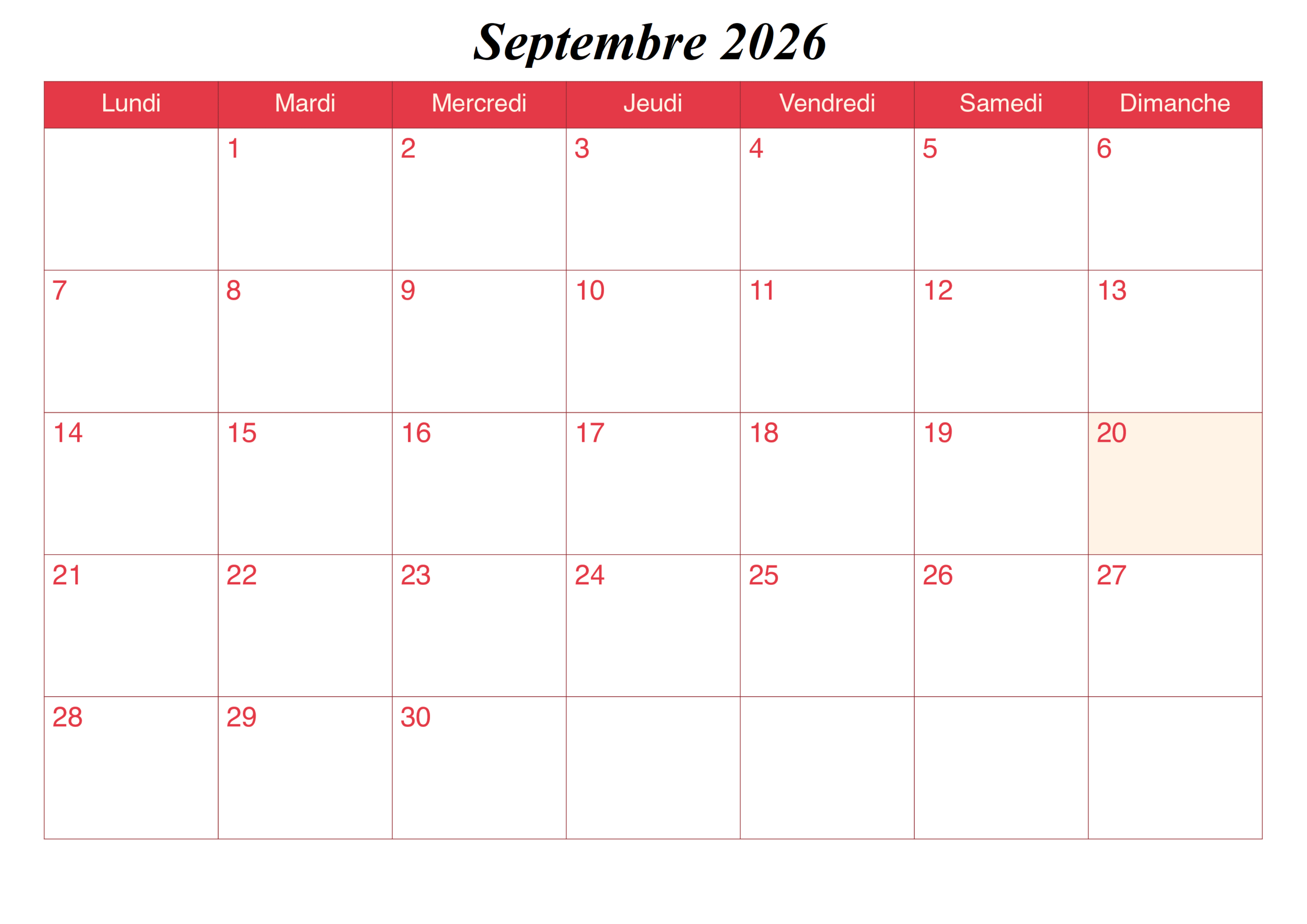 Calendrier Septembre 2026