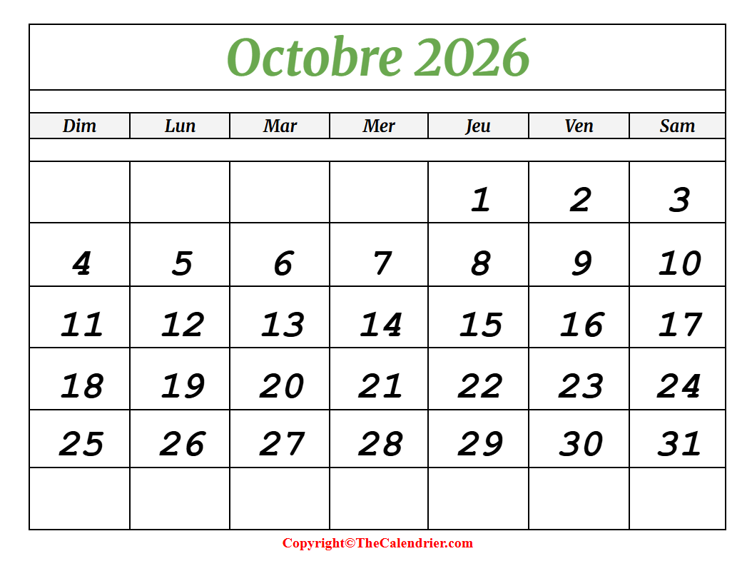 Octobre 2026 Calendrier