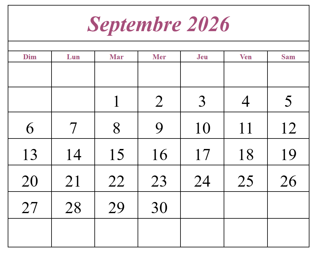 Septembre 2026 Calendrier