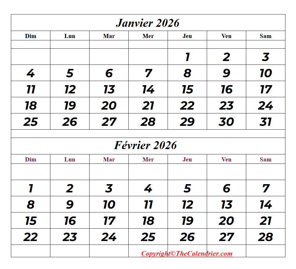 Calendrier Janvier Février 2026 à imprimer