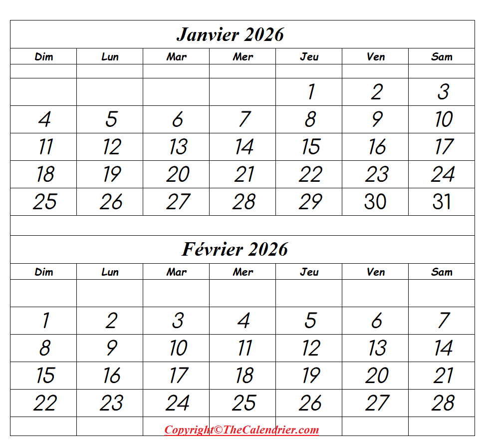 Calendrier Vierge Janvier Février 2026