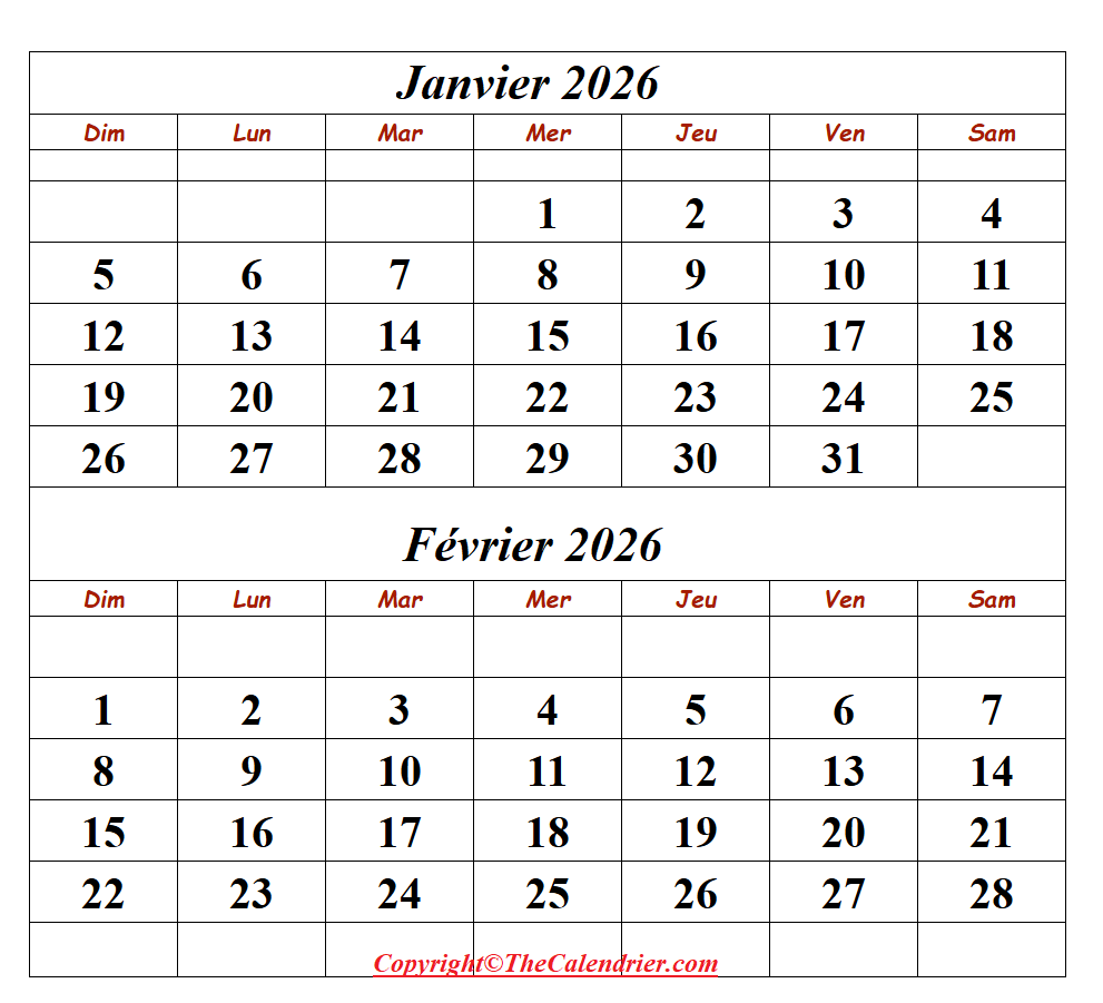 Janvier Février 2026 Calendrier PDF